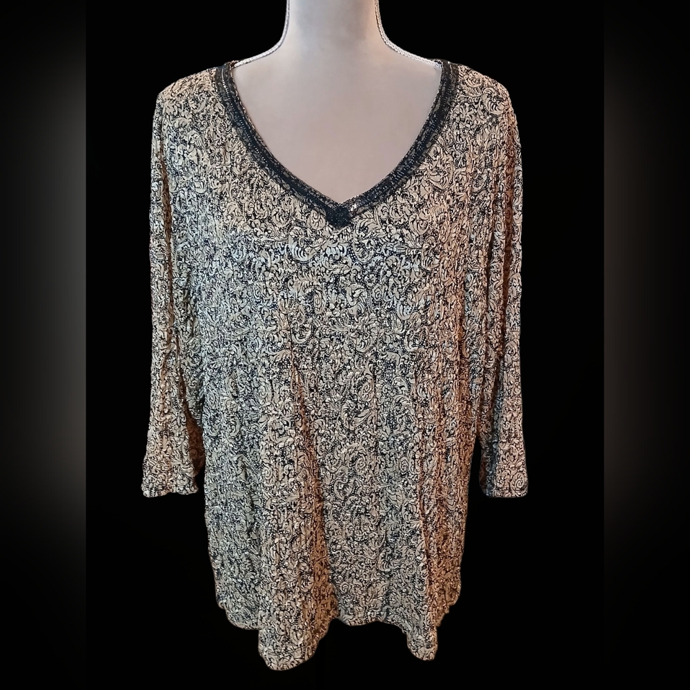 Style & Co Woman Textured Sequin Vneck Blouse 3x Grunge Dark Plus Stretch Goblin
